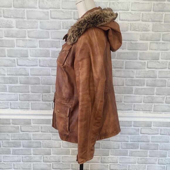 Black Rivet Brown Leather Hooded Jacket Coat Faux Fur Flannel Lined Rugged XL - Picture 9 of 9
